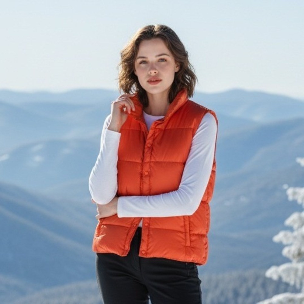 Lands End XL Orange Puffer Vest Goose Down Snap Front Collared Sleeveless 18/20